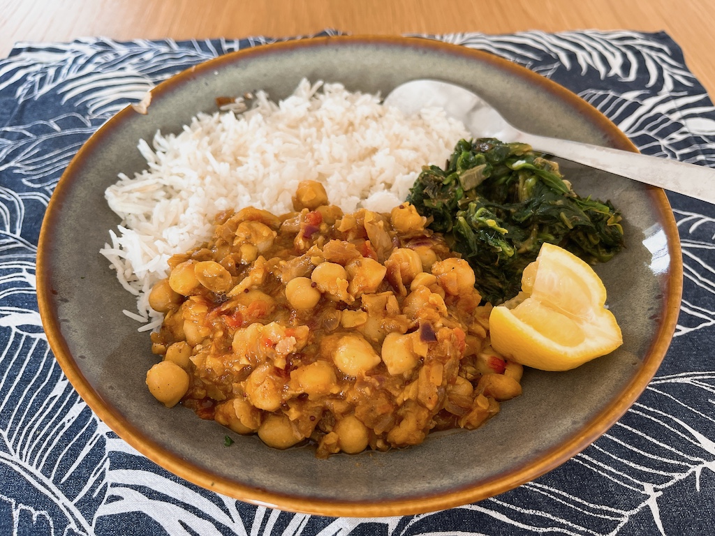 Chickpea curry(chana masala) with spiced spinach and basmati rice