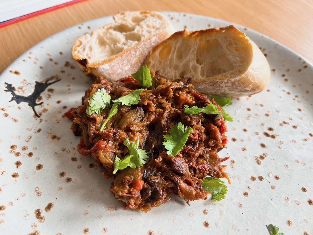 Moroccan zaalouk (aubergine and tomato spread) with baguette