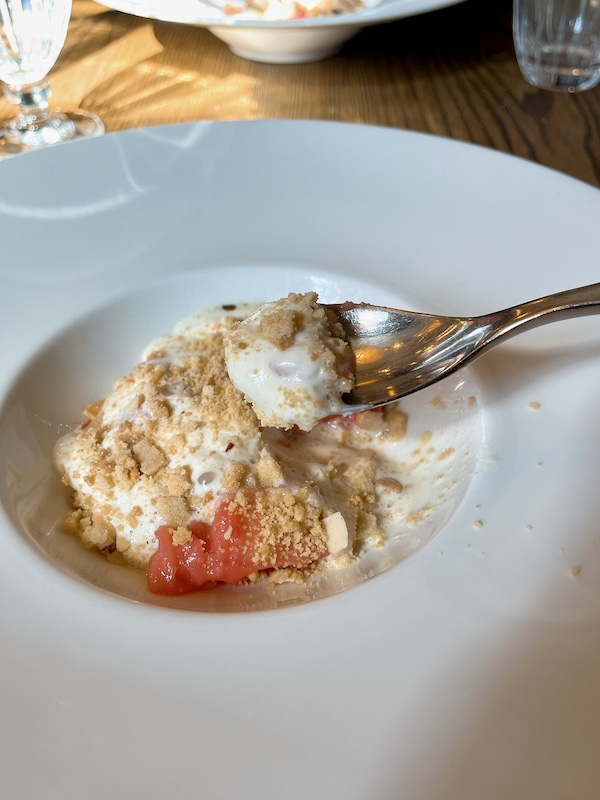 warm dessert: apple and blackberry, almond crumble.