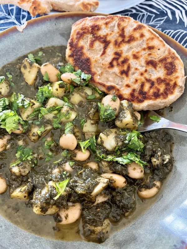 Ottolenghi recipe : bkeila, potato and butter bean stew, with flatbread.