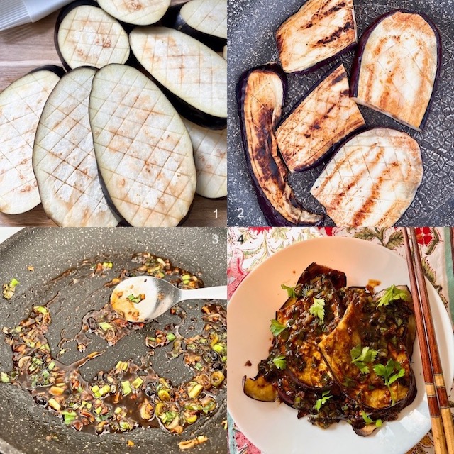 Making of an aubergine recipe with black bean sauce.