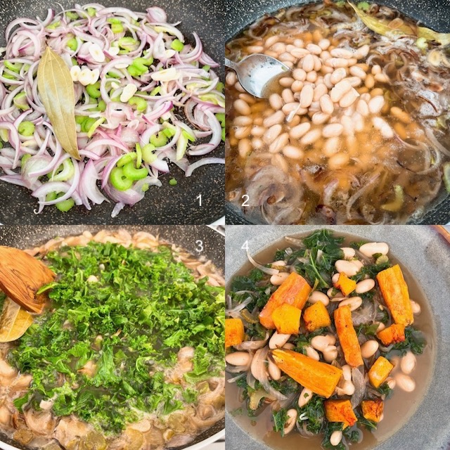 Making of vegan white bean stew with kale and roast squash.