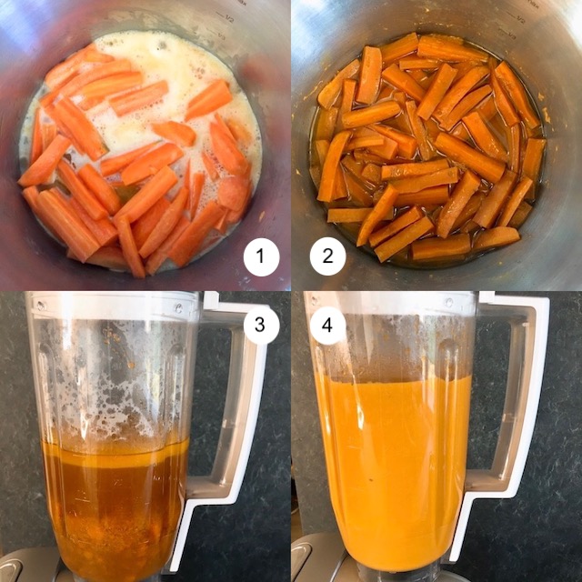 Making of caramelised carrot soup with pressure cooker and blender.