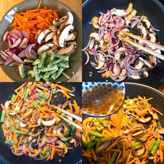 Making of clean-up-fridge veggies stir-fry with Chinese sauce.