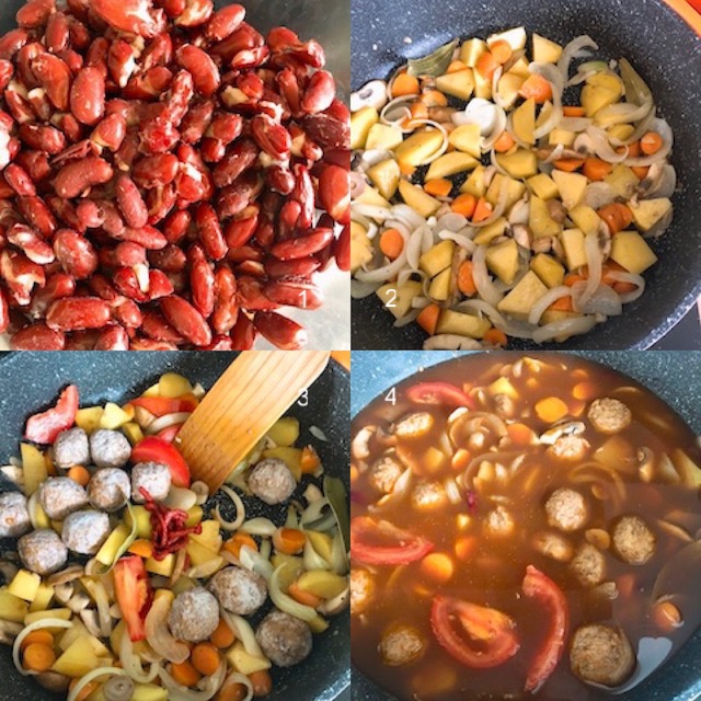 Making of kidney beans stew with IKEA meatballs.