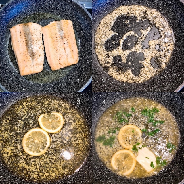 Making of lemon garlic butter sauce with salmon.