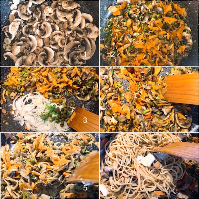 Making of mushroom stroganoff spaghetti. 