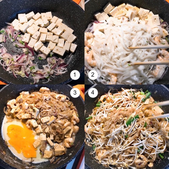 Making of pad Thai in one pan.