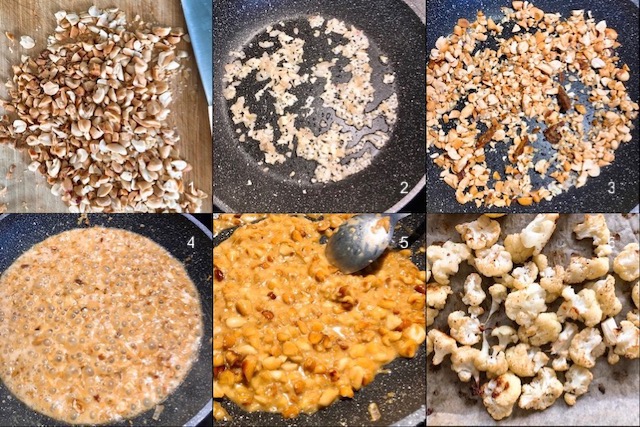 Making of roast cauliflower with chunky satay sauce.