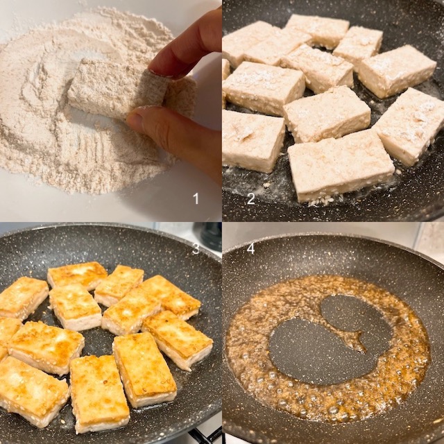 Making of sesame crispy tofu.