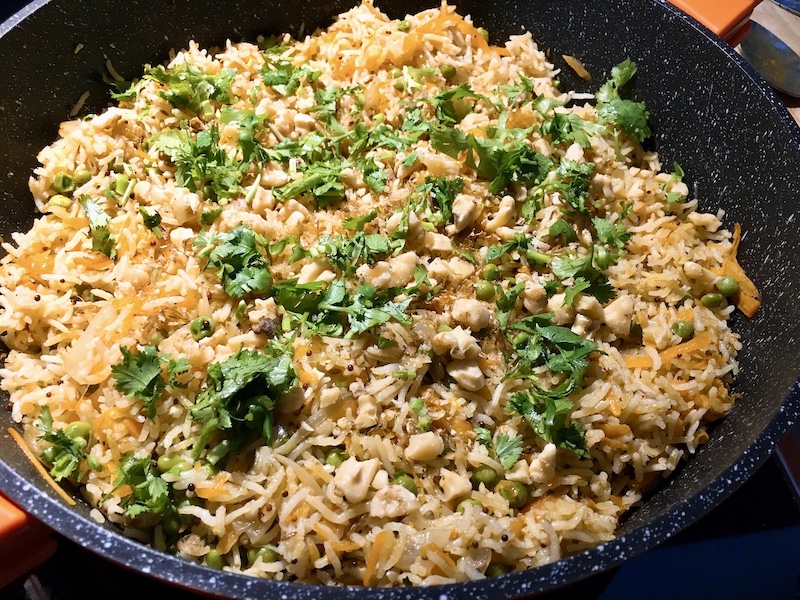 A big pot of Indian vegetable pulao (pilaf).