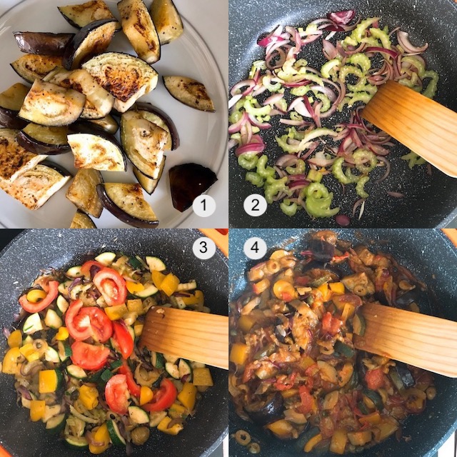 Making of eggplant stew caponata. 