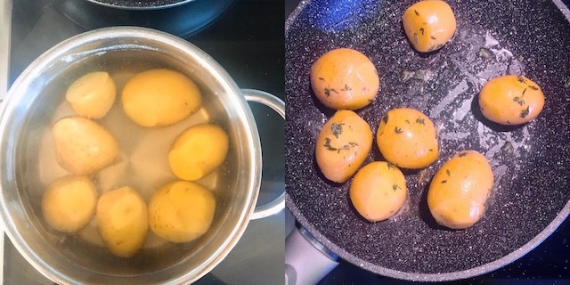 Making of boiled potato with thyme.