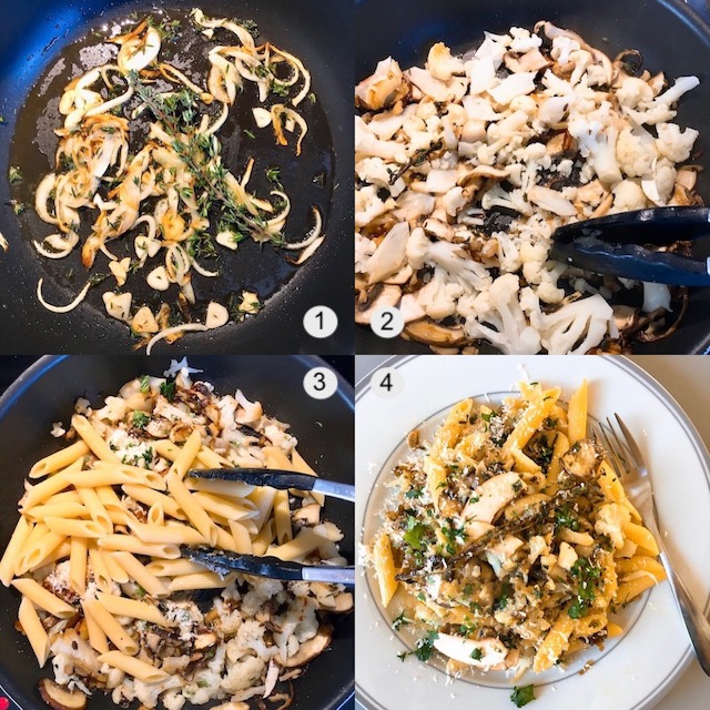 Making of penne with cauliflower, mushrooms and thyme. 