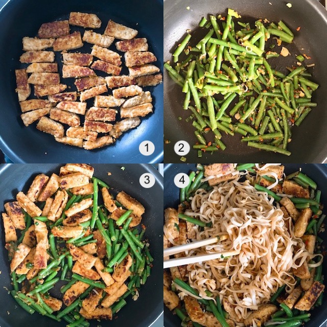 Making of tempeh chow mein with orange juice.