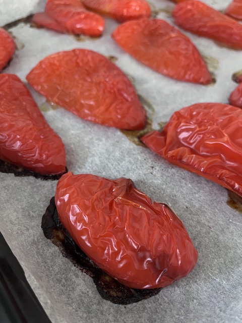 Roasted red peppers got wrinkled.