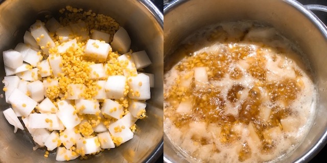 Making of Japanese vegetarian daikon soboro.