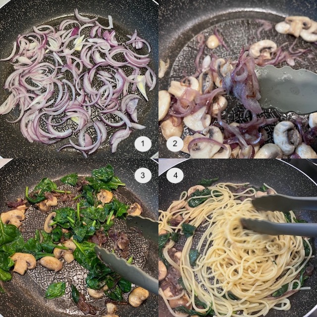 Making of spaghetti with sweet onion and anchovy.