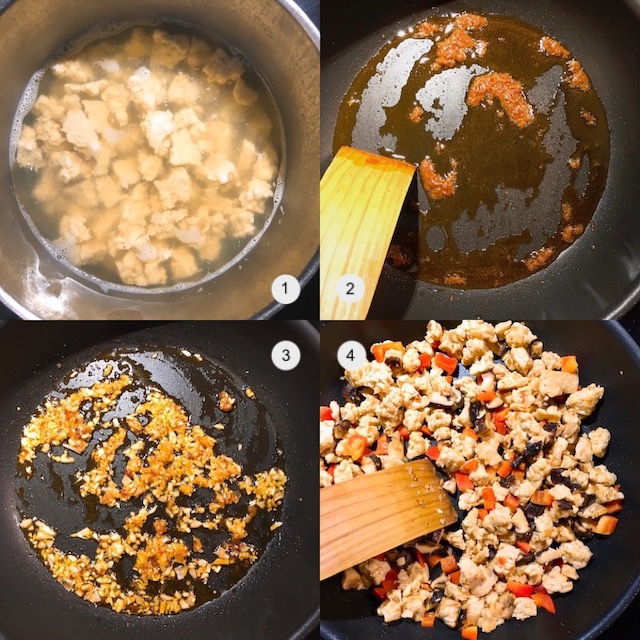 Making of braised tempeh with spicy soy sauce.