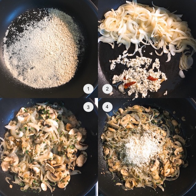 Making of onion and mushroom peperoncino with breadcrumbs.