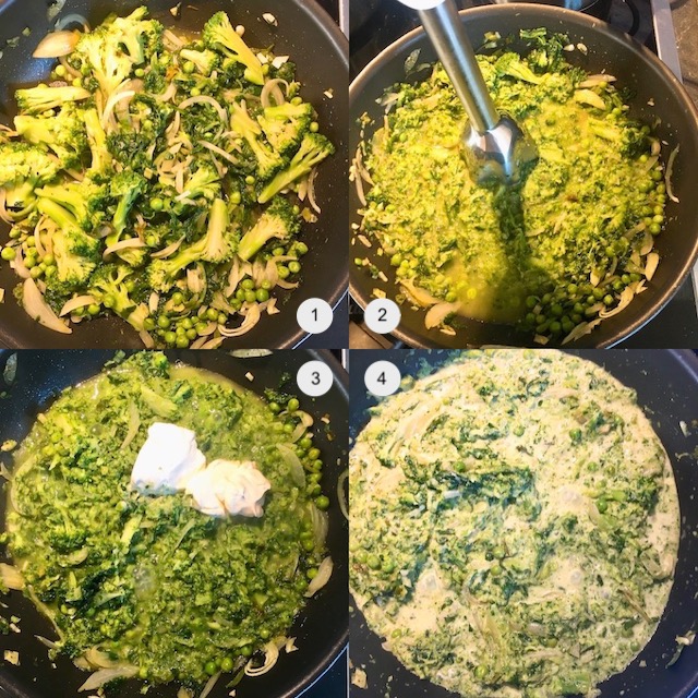 Making of triple green spaghetti.