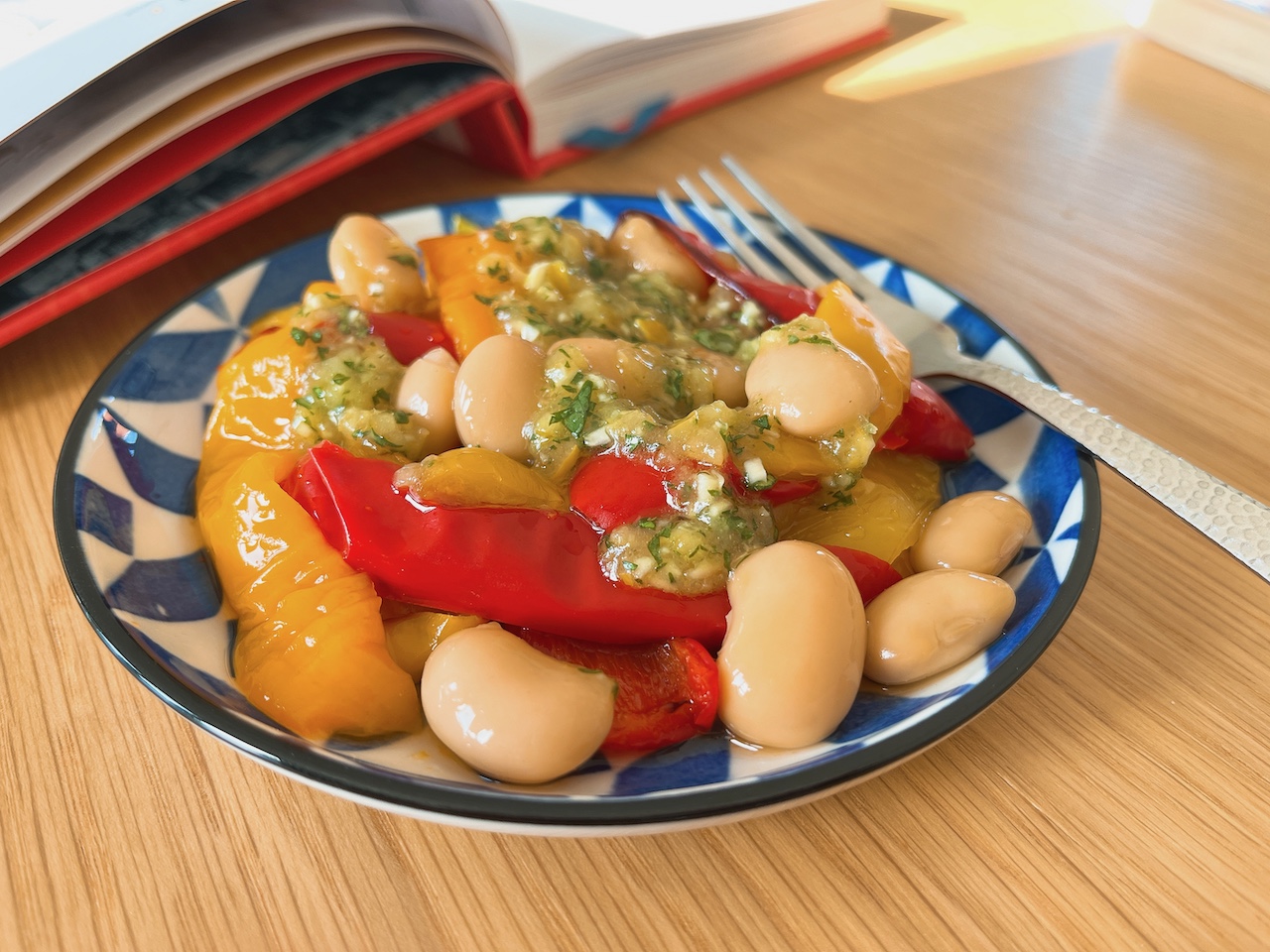 Moroccan salad made with roasted sweet peppers, preserved lemon and butter beans.