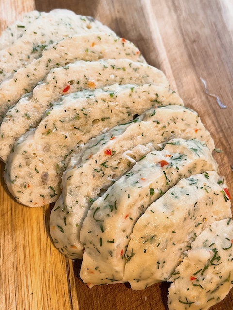 Sliced Vietnamese fishcakes after steaming.