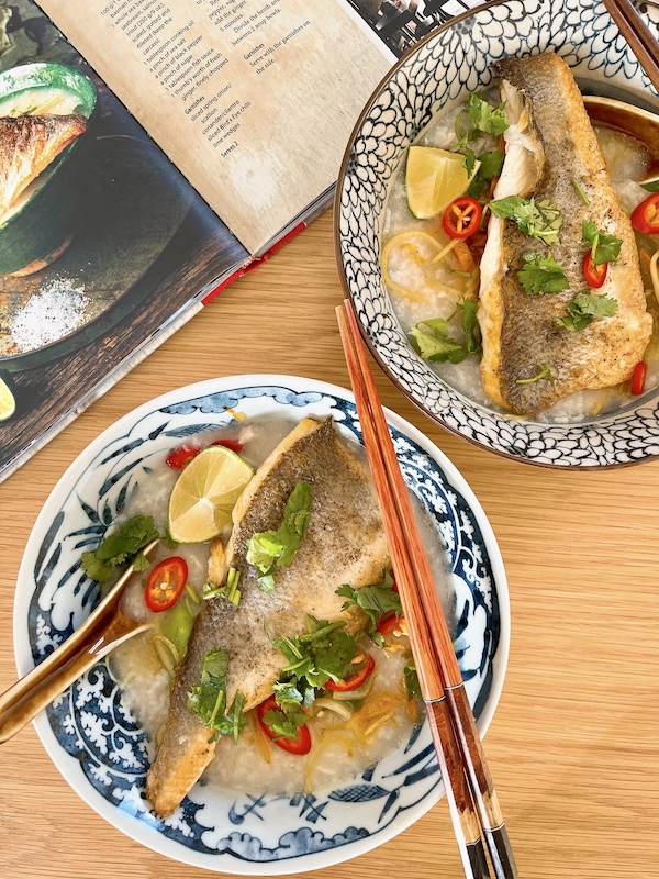 2 bowls of sea bass congee cooked according to a Vietnamese cookbook. 