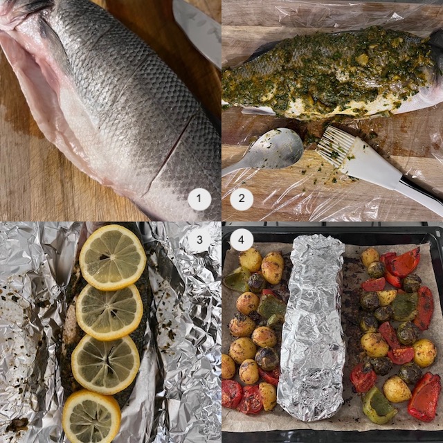 Making of Moroccan oven roasted fish tagine with chermoula.