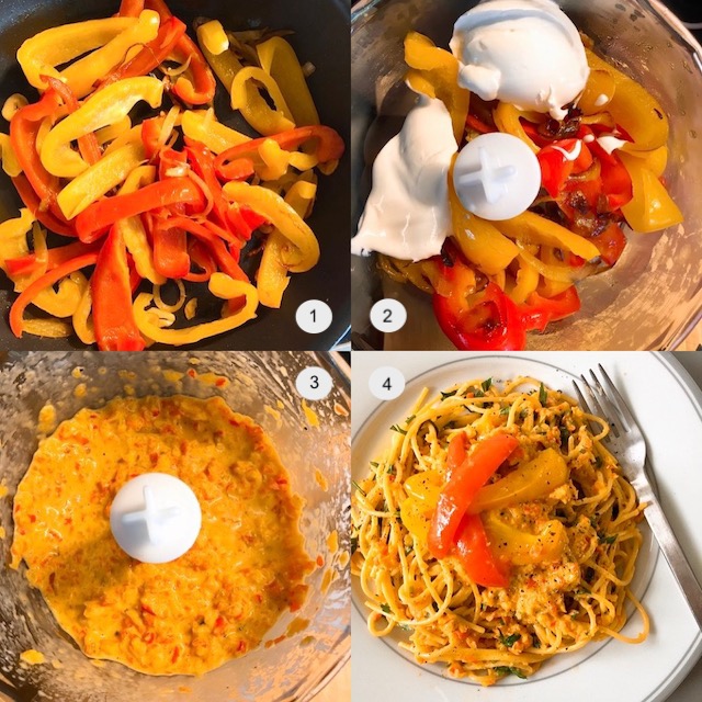 Making of creamy and sweet peppers spaghetti.