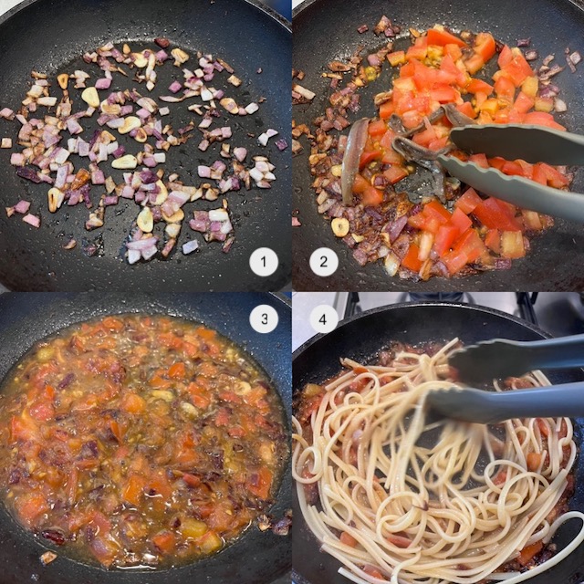 Making of muddica atturrata pasta with anchovy and tomato.