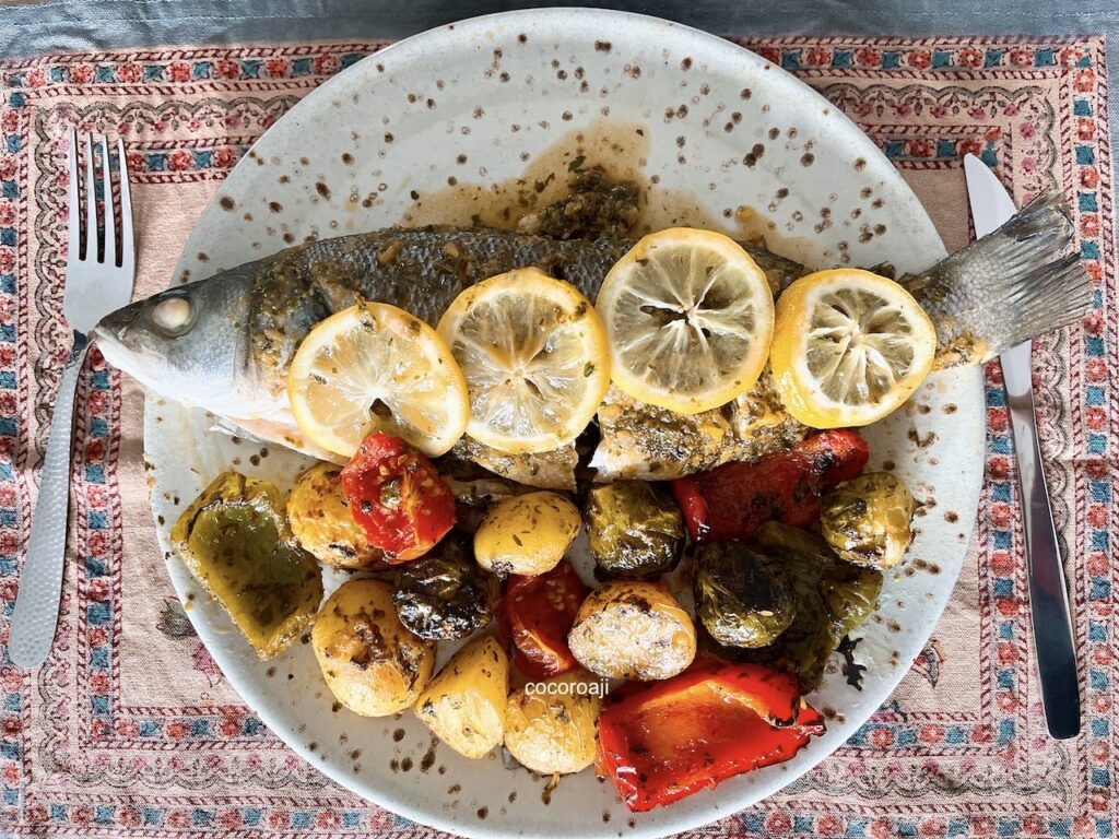 Moroccan fish tagine with chermoula and roasted vegetables.