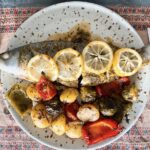 Moroccan fish tagine with chermoula and roasted vegetables.