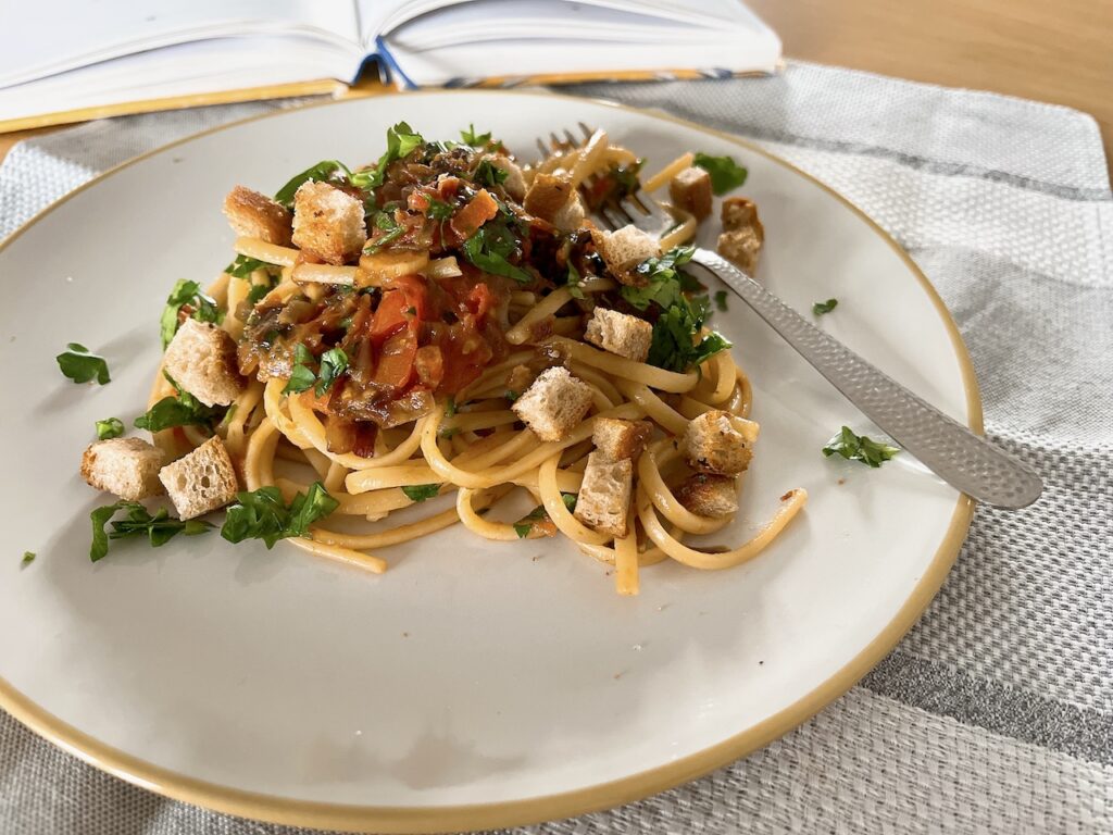 Muddica atturrata pasta with anchovies and tomato.