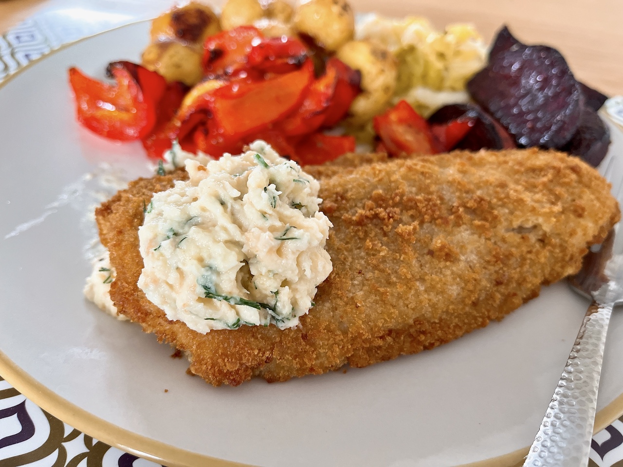 Parsnip purée on fried fish.