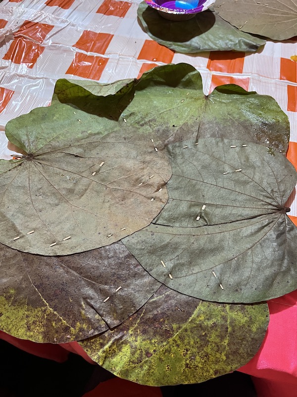 Large leaves sewn for serving food.