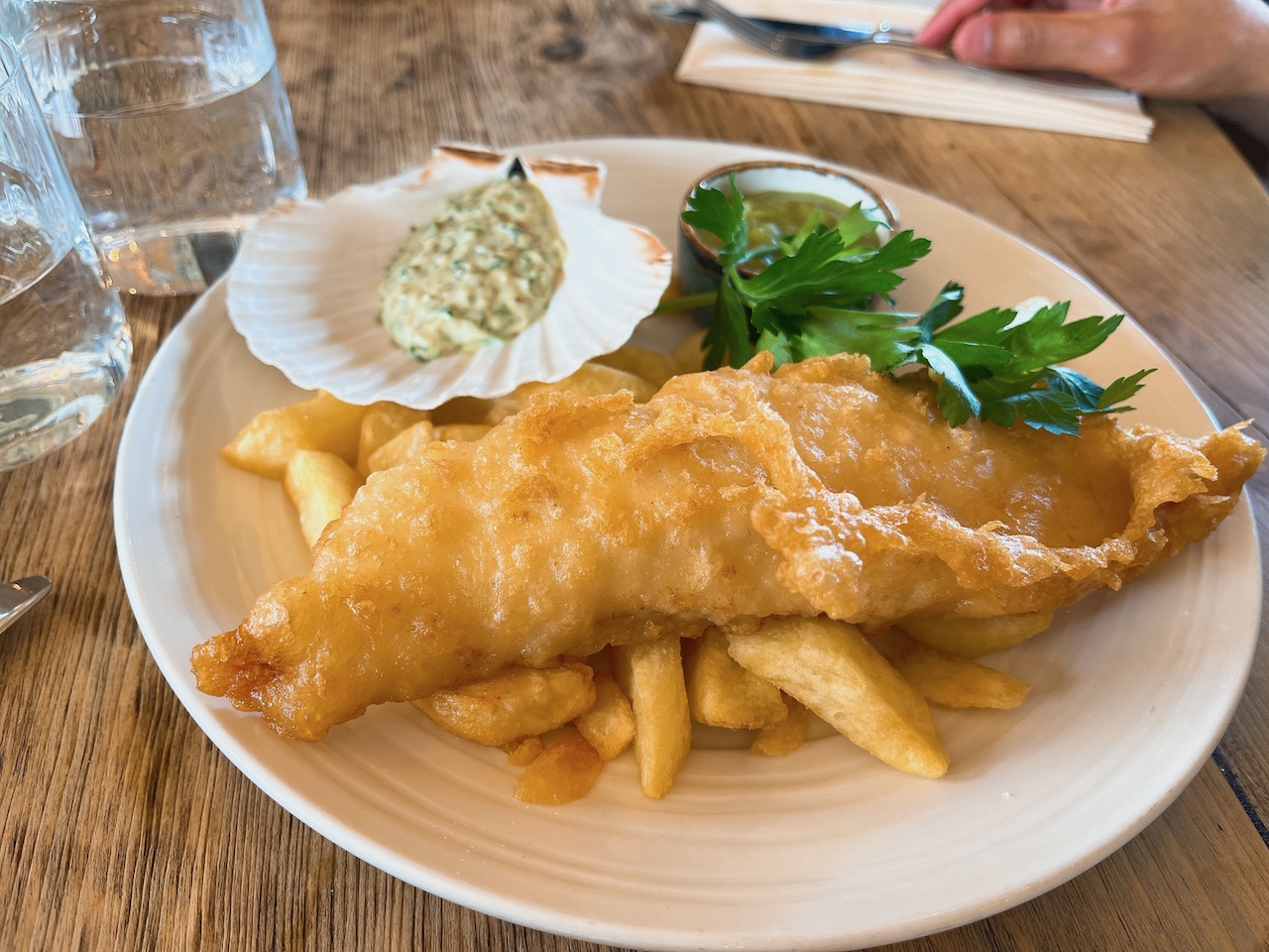 Noah's cod fish & chips with tartare sauce, mushy peas and fresh cut chips.