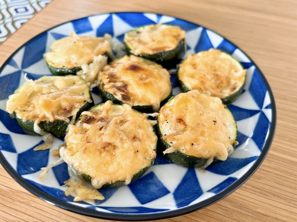 Cheesy courgette cooked in toaster oven.