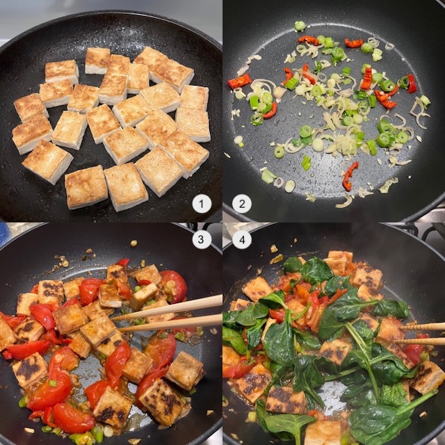 Making of tofu with spinach, tomato and basil.