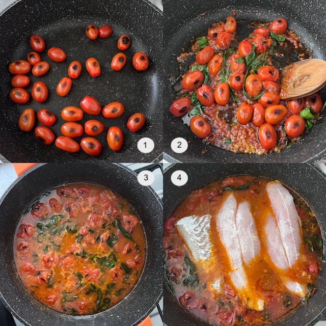 Making of one pot meal - poach fish in charred tomato broth.