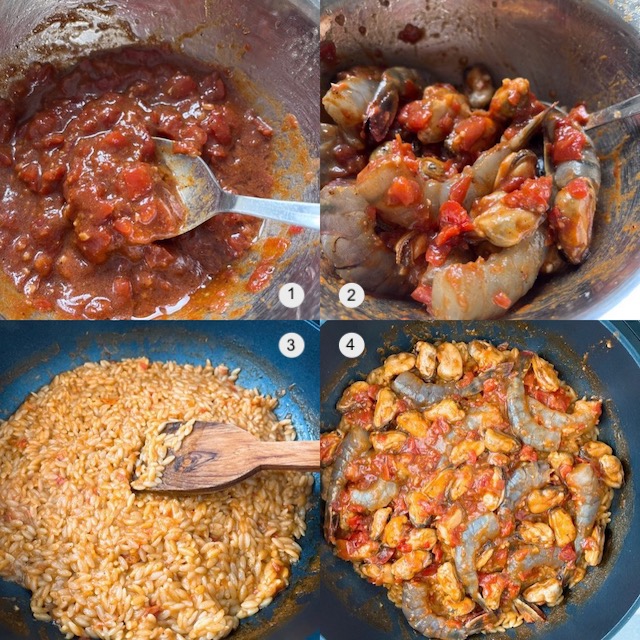 Making of spiced seafood over crispy orzo.