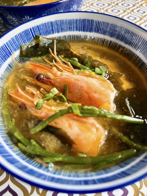 Prawn and samphire miso soup.