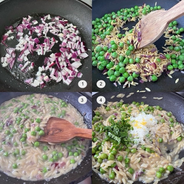 The making of orzo with peas.