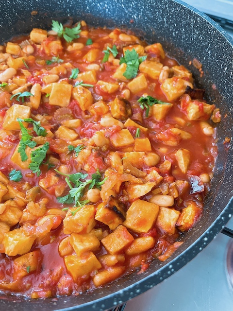 Vegan bouillabaisse with celeriac and butter beans.