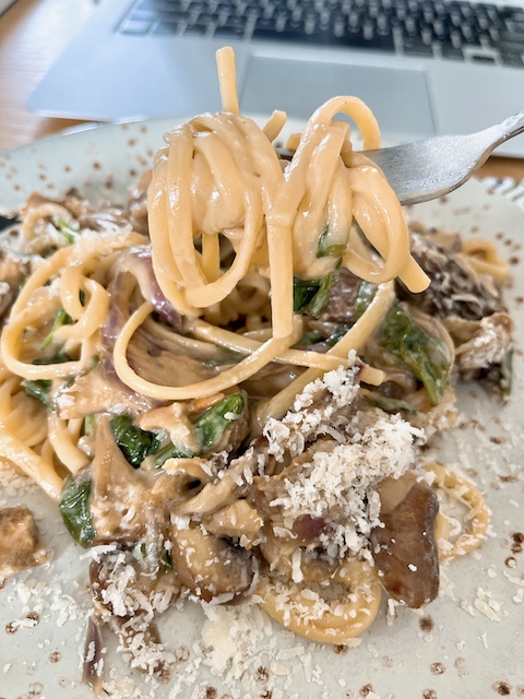 A folkful of porcini and morel pasta.