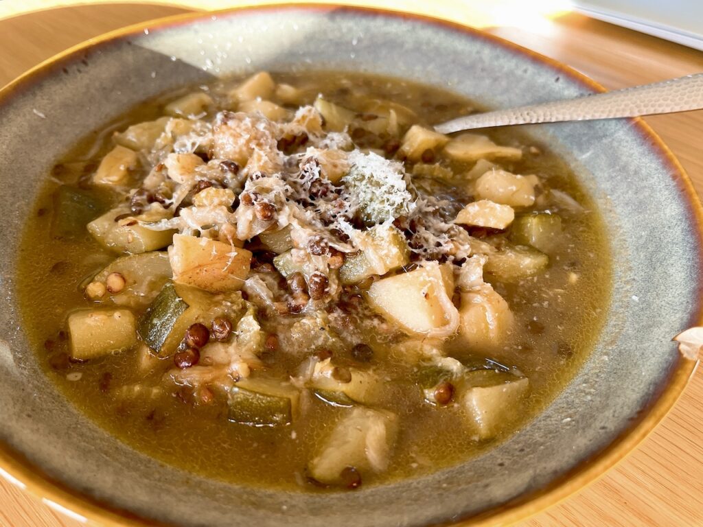 Puy lentils, courgette and rosemary soup.