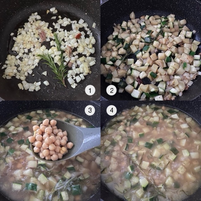 Making of chickpea, courgette and rosemary soup.