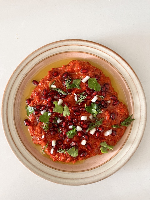 Muhammara roasted red pepper and walnut dip.