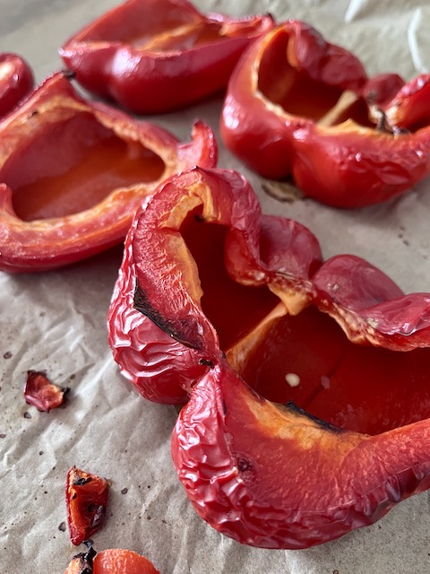 Wrinkly roasted red peppers.