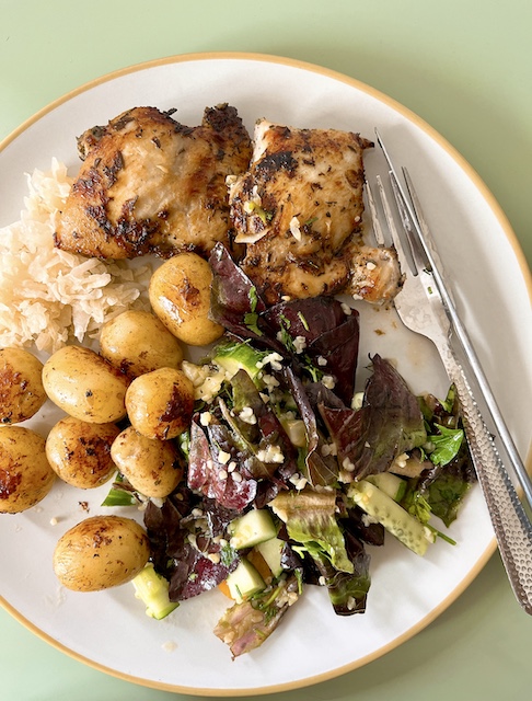Mid-week lunch: Pan-seared chicken with salad and baby potatoes.